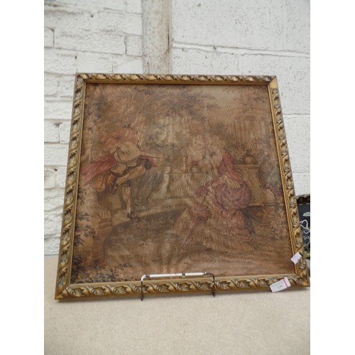 128 - TAPESTRY PANEL OF 18TH CENTURY FIGURES IN A GARDEN, IN A GILT WOOD FRAME - 50CM X 50CM