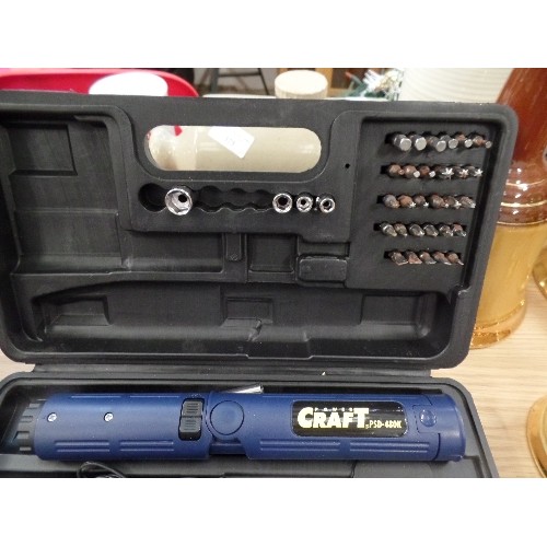 377 - CORDLESS SCREWDRIVER BY POWER-CRAFT. WITH CHARGER, INSTRUCTIONS, CASE ETC