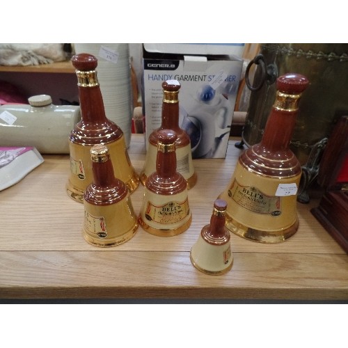 378 - 6 X CERAMIC BELLS WHISKY OLD SCOTCH BELL DECANTERS. 4 DIFFERENT SIZES.