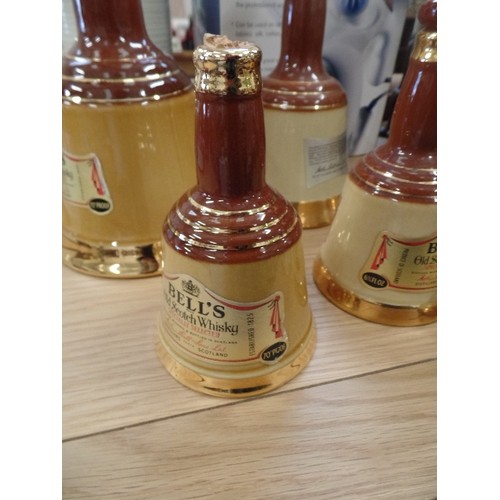 378 - 6 X CERAMIC BELLS WHISKY OLD SCOTCH BELL DECANTERS. 4 DIFFERENT SIZES.