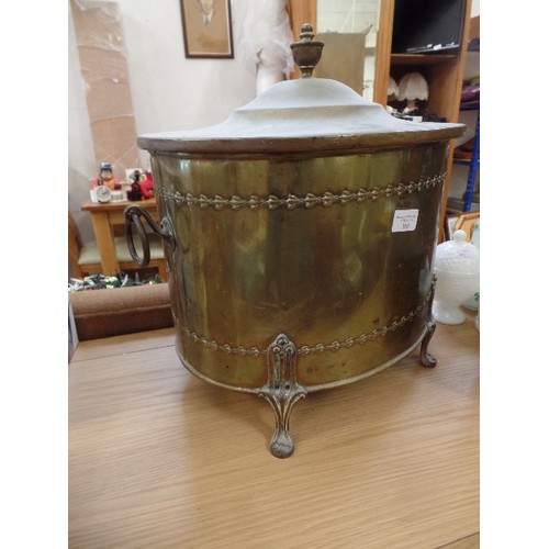 380 - 1920'S OVAL BRASS COAL BOX. WITH LID, AND RAISED ON LEGS. RING HANDLES.