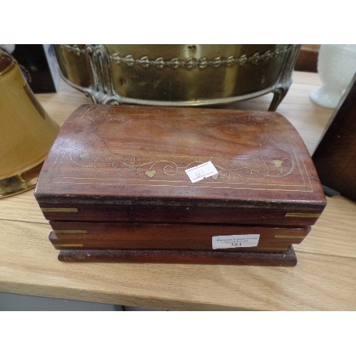 381 - ROSEWOOD WITH BRASS INLAY-HAND-MADE JEWELLERY BOX. 2-TIER RED VELVET LINED. [MAKERS CARD INSIDE]