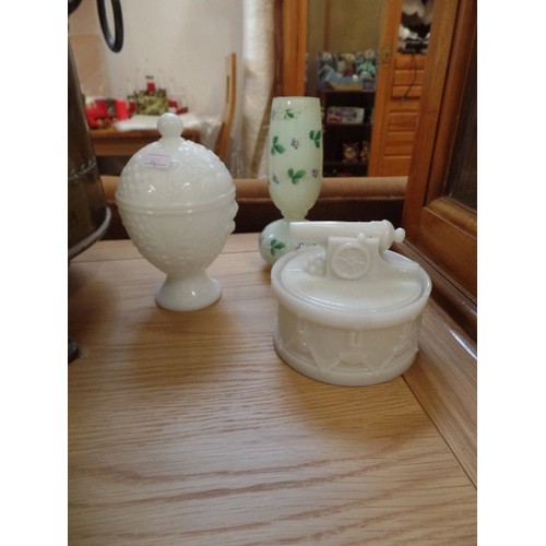 382 - 3 X MILK-GLASS ITEMS. INC 2 LIDDED POTS AND A VASE.