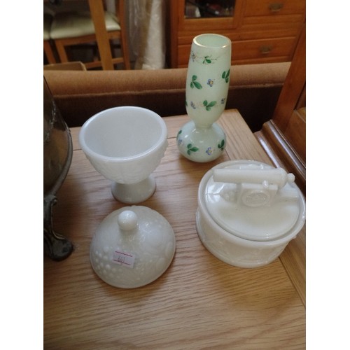 382 - 3 X MILK-GLASS ITEMS. INC 2 LIDDED POTS AND A VASE.