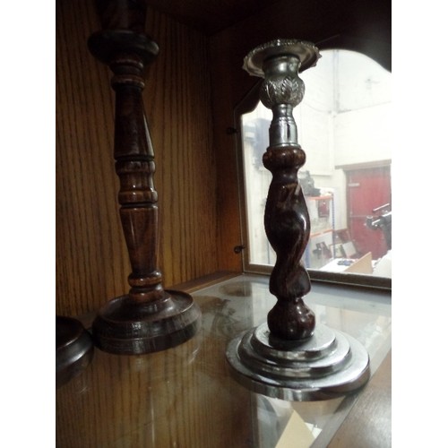 388 - 2 SETS OF VINTAGE TURNED-WOOD CANDLESTICKS. 1 SET HAS 'SILVER METAL' BASE AND TOP.