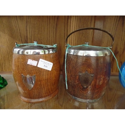 390 - 2 VINTAGE WOODEN/SILVER-PLATED BISCUIT BARRELS. CERAMIC INNER. WITH LIDS. THE SHIELDS ON THE FRONT A... 