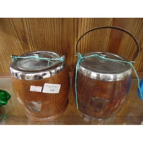 390 - 2 VINTAGE WOODEN/SILVER-PLATED BISCUIT BARRELS. CERAMIC INNER. WITH LIDS. THE SHIELDS ON THE FRONT A... 