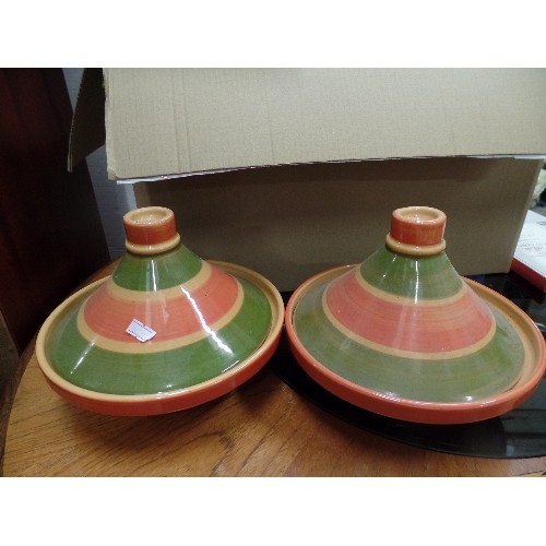 397 - 2 X TERRACOTTA TAGINES/COOK POTS. IN TRADITIONAL GREEN/ORANGE.COLOURS