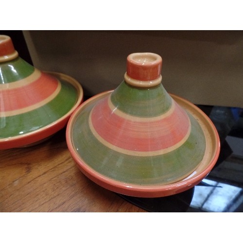 397 - 2 X TERRACOTTA TAGINES/COOK POTS. IN TRADITIONAL GREEN/ORANGE.COLOURS