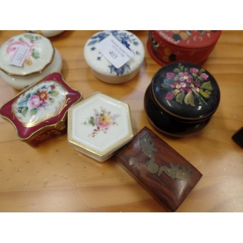 403 - 8 X SMALL CERAMIC TRINKET POTS WITH LIDS. INC LIMOGES-FRANCE, CROWN DERBY, A HAND-PAINTED PORTUGESE ... 