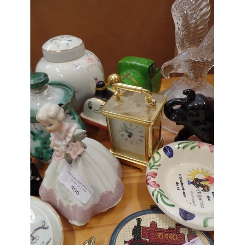 406 - MIXED CERAMIC AND GLASS LOT. INC CERAMIC TRINKET BOWLS, FIGURINES, CARRIAGE CLOCK, MURANO ETC