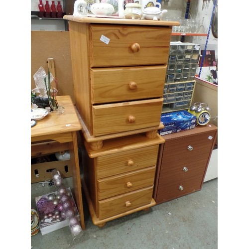 408 - PAIR OF PINE BEDSIDE/3 DRAWER CABINETS. MATCH LOT 407. 46CM W