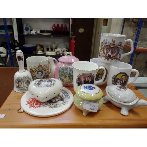 410 - ROYAL COMMEMORATIVE CERAMIC ITEMS. MUGS, BELLS, LIDDED TRINKET POTS.