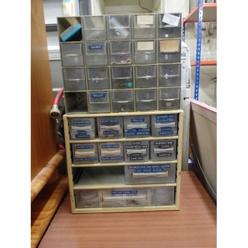 411 - CLOCK REPAIRERS MULTI-SECTION TOOL CHEST WITH CONTENTS. ALL LABELLED-INC 'SETTERS, WINDERS, WOOD CLO... 