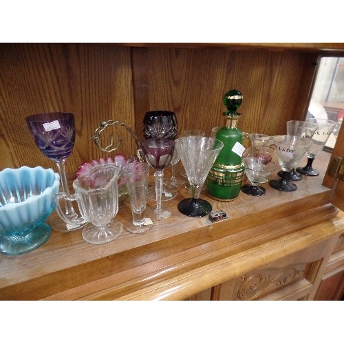 393 - VICTORIAN AND RETRO GLASSWARE LOT. INC GREEN/GOLD DECANTER, PURPLE CUT-GLASS WINE GLASSES, COCKTAIL,... 