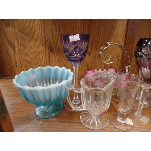 393 - VICTORIAN AND RETRO GLASSWARE LOT. INC GREEN/GOLD DECANTER, PURPLE CUT-GLASS WINE GLASSES, COCKTAIL,... 