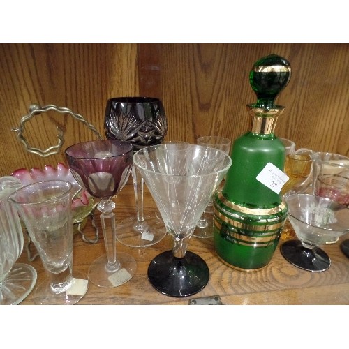 393 - VICTORIAN AND RETRO GLASSWARE LOT. INC GREEN/GOLD DECANTER, PURPLE CUT-GLASS WINE GLASSES, COCKTAIL,... 