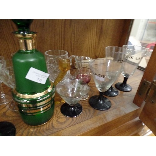 393 - VICTORIAN AND RETRO GLASSWARE LOT. INC GREEN/GOLD DECANTER, PURPLE CUT-GLASS WINE GLASSES, COCKTAIL,... 