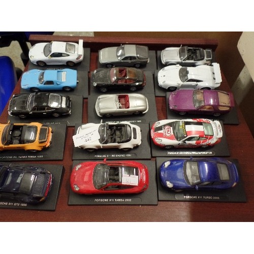 447 - PORSCHE. 15 X COLLECTABLE SCALE DIE-CAST MODEL CARS. ON BASES, WITH MODEL AND DATE.