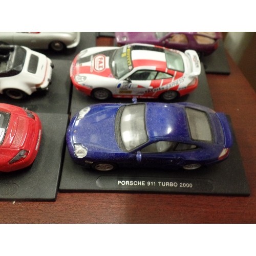 447 - PORSCHE. 15 X COLLECTABLE SCALE DIE-CAST MODEL CARS. ON BASES, WITH MODEL AND DATE.