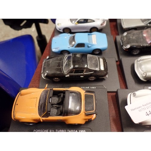 447 - PORSCHE. 15 X COLLECTABLE SCALE DIE-CAST MODEL CARS. ON BASES, WITH MODEL AND DATE.