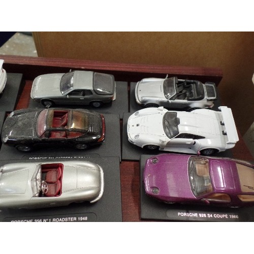 447 - PORSCHE. 15 X COLLECTABLE SCALE DIE-CAST MODEL CARS. ON BASES, WITH MODEL AND DATE.