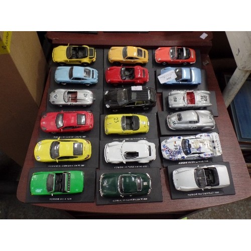 448 - PORSCHE. 18 X DIE CAST SCALE MODEL CARS. ON BASES WITH MODEL AND DATE.