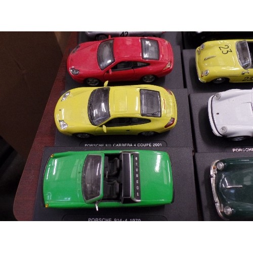 448 - PORSCHE. 18 X DIE CAST SCALE MODEL CARS. ON BASES WITH MODEL AND DATE.