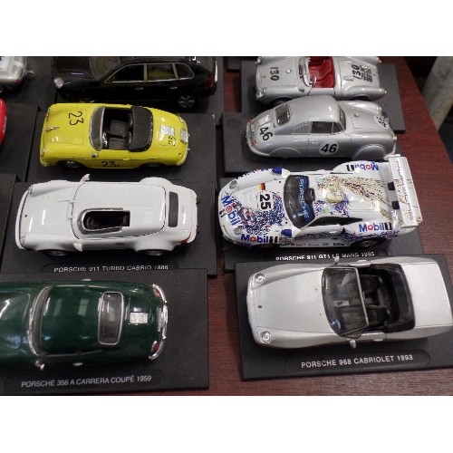 448 - PORSCHE. 18 X DIE CAST SCALE MODEL CARS. ON BASES WITH MODEL AND DATE.