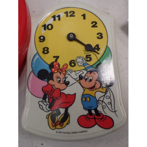 451 - DISNEY MICKEY MOUSE ALARM AND WALL CLOCKS. ALSO A DONALD DUCK, AND A MICKEY & MINNIE.