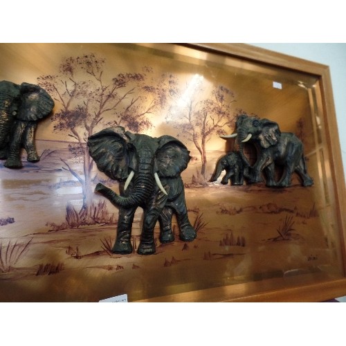 107A - 2 X RETRO-VINTAGE PICTURES. 1 IS A COPPER PICTURE WITH RAISED ELEPHANTS, THE BABY ELEPHANT HAS LOST ... 