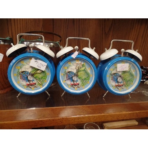 391 - 3 X THOMAS THE TANK ENGINE ALARM CLOCKS. TRADITIONAL WITH BELLS ON!