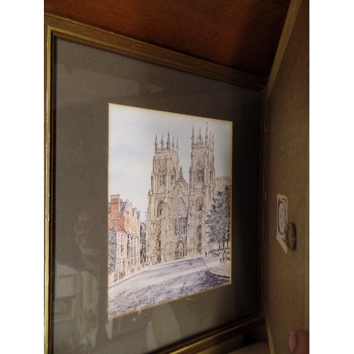 564 - 7 FRAMED AND GLAZED PRINTS - NORWICH CATHEDRAL, SALISBURY CATHEDRAL, 2 QUAILS ETC