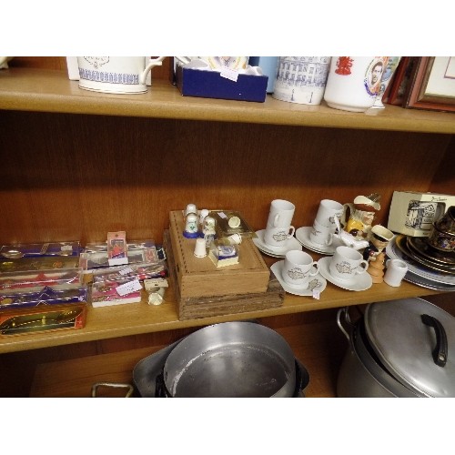 565 - SHELF OF MIXED CHINA, CYPRUS TEA SET, THIMBLES, COMMEMORATIVE SPOONS ETC