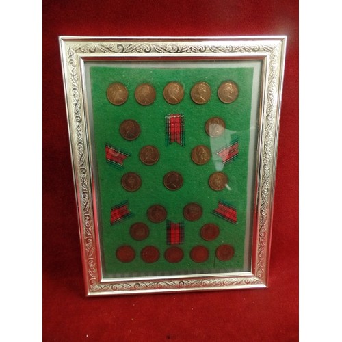 13 - FRAMED AND GLAZED PENNY AND HALF PENNY COIN COLLECTION WITH BAG OF SHILLINGS AND 5PS