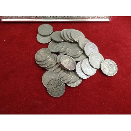 13 - FRAMED AND GLAZED PENNY AND HALF PENNY COIN COLLECTION WITH BAG OF SHILLINGS AND 5PS