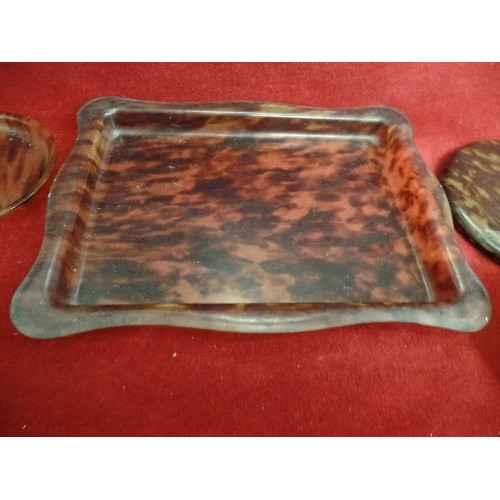 63 - FAUX TORTOISE SHELL DRESSING TABLE SET WITH POT (NO LID) CLOTHES BRUSH, RING TREE, TRAY AND A PHOTOG... 