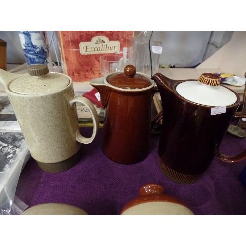 65 - 2 VINTAGE STONEWARE BOTTLES, 2 POOLE TEAPOTS AND A DENBY TEAPOT