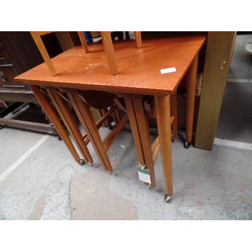 174 - RETRO 1960'S NEST OF FIVE TEAK TABLES BY POUL HUNDEVAD  - THE LARGER TABLE ON CASTORS. THE SMALL CIR... 