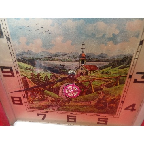 289 - AN UNUSUAL 1950'S CHROME FRAMED CLOCK WITH ALPINE SCENE AND TURNING WATERWHEEL - 18CM SQUARE - WITH ... 