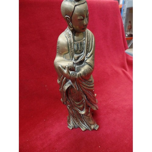 111 - A HEAVY LATE 19TH OR EARLY 20TH CENTURY CHINESE BRONZE FIGURE OF GUANYIN, THE MANDARIN GOWN ENGRAVED... 