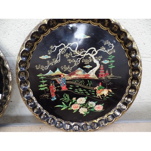 129 - A PAIR OF MID 20TH CENTURY CHINOISERIE STYLE TOLEWARE TIN TRAYS BY BARET WARE ENGLAND - 46CM