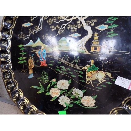 129 - A PAIR OF MID 20TH CENTURY CHINOISERIE STYLE TOLEWARE TIN TRAYS BY BARET WARE ENGLAND - 46CM