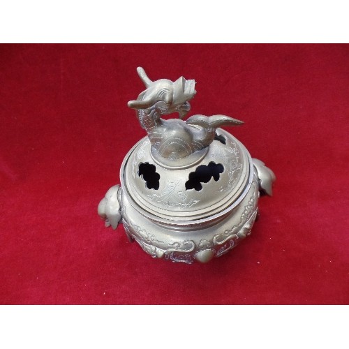 112 - A MID 20TH CENTURY CHINESE INCENSE BURNER (CENSER) AND COVER, WITH DRAGON FINIAL AND ELEPHANT RING H... 