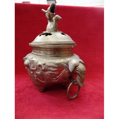 112 - A MID 20TH CENTURY CHINESE INCENSE BURNER (CENSER) AND COVER, WITH DRAGON FINIAL AND ELEPHANT RING H... 