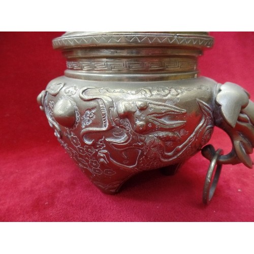 112 - A MID 20TH CENTURY CHINESE INCENSE BURNER (CENSER) AND COVER, WITH DRAGON FINIAL AND ELEPHANT RING H... 