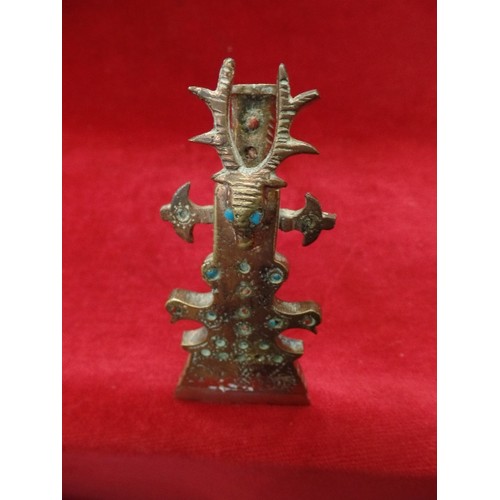 117 - TIBETAN COPPER ALLOY CEREMONIAL AXE INLAID WITH TURQUOISE AND RED STONES. STAG DECORATION ABOVE THE ... 