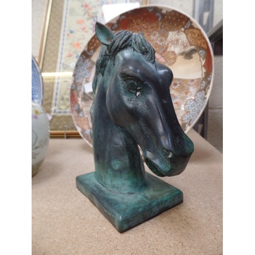 135 - HEAVY BRONZE SCULPTURE OF A HORSES HEAD WITH VERDIGRIS PATINATION - 19CM