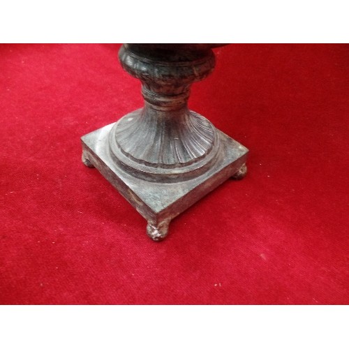 163 - PATINATED BRASS URN WITH GRAPE VINE DESIGN. THE TOP SECTION IN PRESSED BRASS, THE BASE HEAVY SOLID B... 