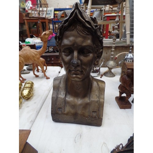 162 - A LARGE FRENCH PART PLASTER HOLLOW 
 BRONZE COLOURED BUST OF NAPOLEON AS EMPEROR, WITH LAUREL WREATH... 